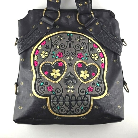Loungefly Sugar Skull Day of the Dead Large Black Faux Leather Bag Pink Gold - Picture 2 of 16